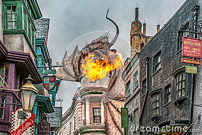 ORLANDO, FLORIDA, USA - DECEMBER, 2018: The Wizarding World of Harry Potter â€“ Diagon Alley at Universal Studios Florida Editorial Stock Photo